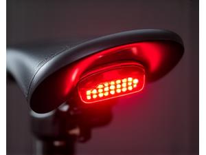 Bright red bicycle taillight with multiple LEDs mounted on a seatpost.