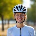 Portrait of a young woman smiling with a bike helmet.