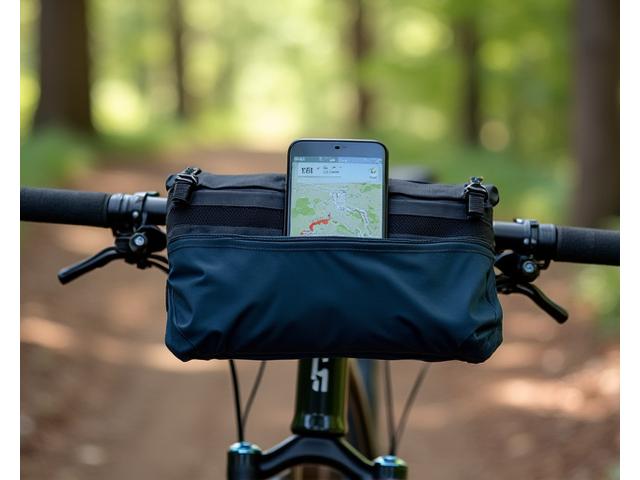 Handlebar bag with map holder attached to mountain bike handlebars amidst a forest trail