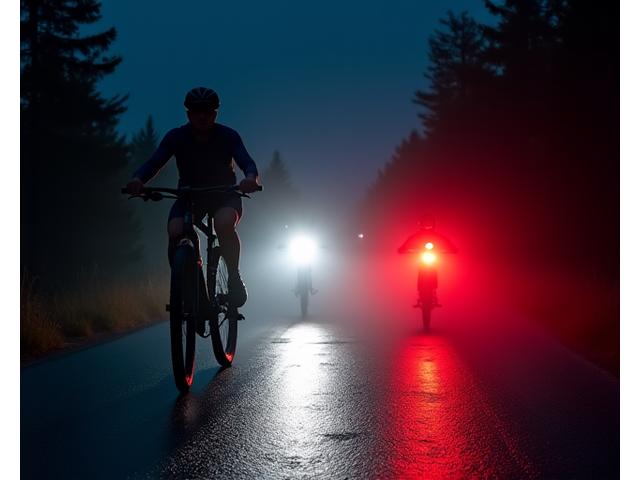 Bright bicycle lights on a dark road