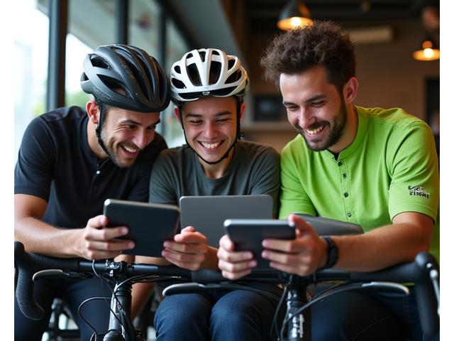 Diverse group of cyclists collaboratively using tablets and laptops
